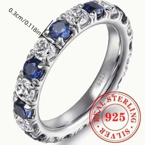 925 Sterling Silver Classic Eternity Ring w/ Inlaid Blue White Zirconia Size 7 - Picture 5 of 6